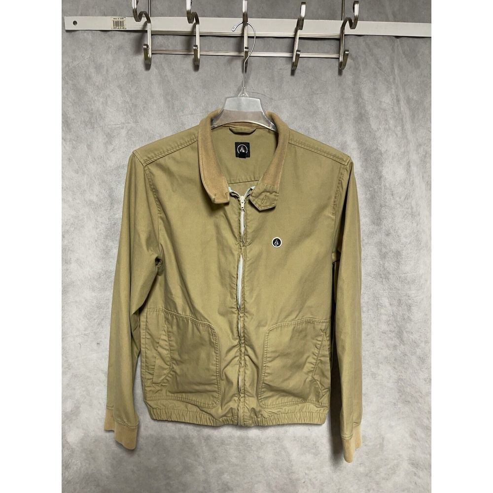 Volcom Jacket Men L Beige Zip Twill Bomber Blown Away Jacket Chin Strap Outdoor